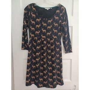 Boden 'Oh Deer' black knit jersey dress 6 sleeves knee-length fall office travel